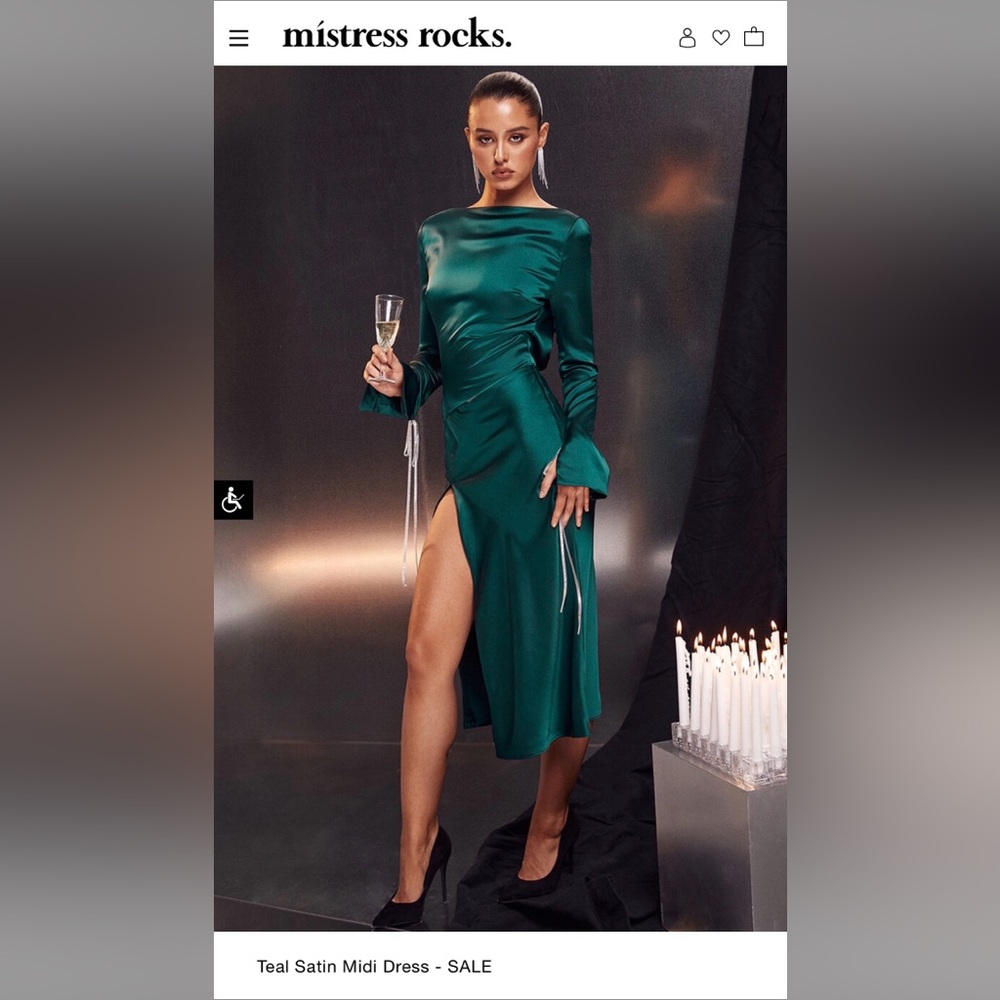 Mistress Rocks Teal Satin Long Sleeve Dress